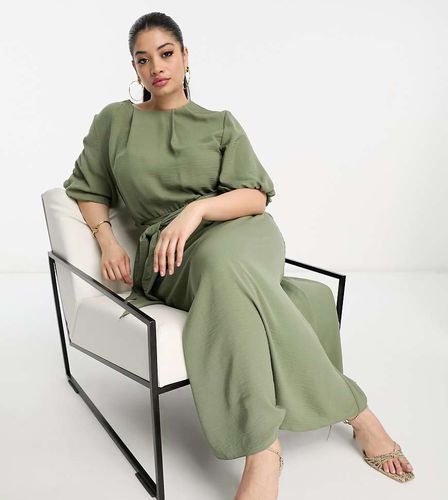 ASOS DESIGN Curve - Robe mi-longue à manches bouffantes avec liens à la taille - Kaki - Asos Curve - Modalova