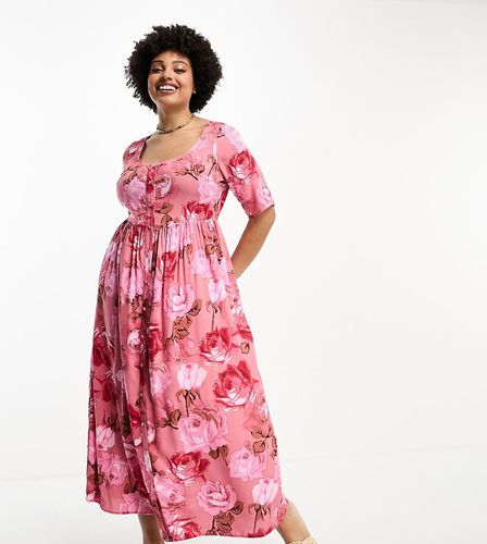 ASOS DESIGN Curve - Robe mi-longue boutonnée à encolure carrée avec imprimé roses - Asos Curve - Modalova