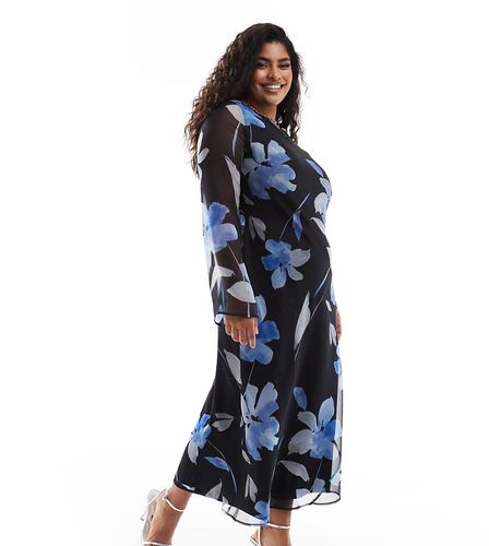 ASOS DESIGN Curve - Robe mi-longue en mousseline à manches longues - Bleu imprimé - Asos Curve - Modalova