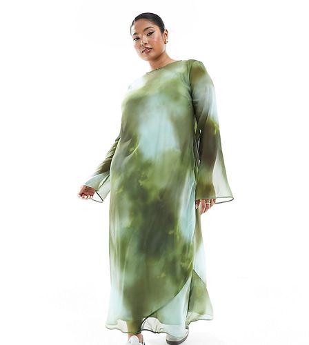 ASOS DESIGN Curve - Robe mi-longue en mousseline à imprimé flouté et manches longues - Vert - Asos Curve - Modalova