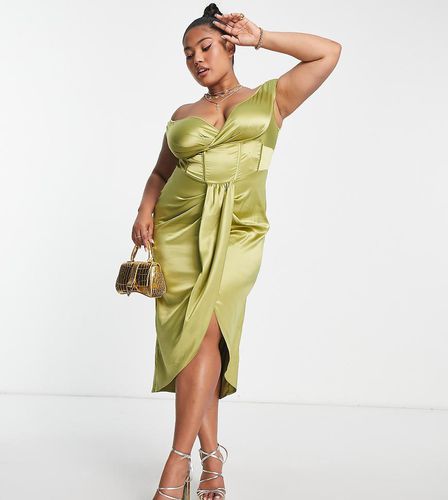 ASOS DESIGN Curve - Robe mi-longue style corset à épaules dénudées en tissu satiné - Olive - Asos Curve - Modalova