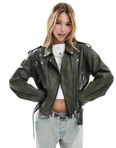 Blouson en cuir style motard effet délavé - Vert teinté délavé - Asos Design - Modalova