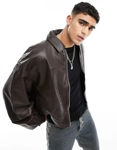 Blouson Harrington ultra oversize en cuir véritable - Marron délavé - Asos Design - Modalova