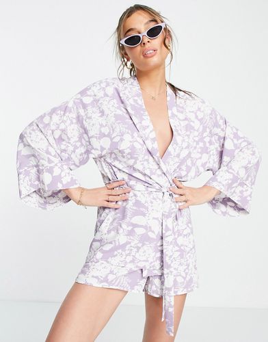 Kimono avec lien à nouer et imprimé floral - Blanc et violet - Asos Design - Modalova