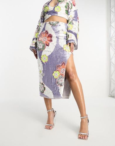 Jupe fendue mi-longue d'ensemble à sequins avec motif fleuri - Lilas - Asos Design - Modalova