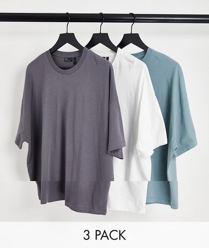 Lot de 3 t-shirts oversize ras de cou - Gris chiné, blanc et bleu - Asos Design - Modalova