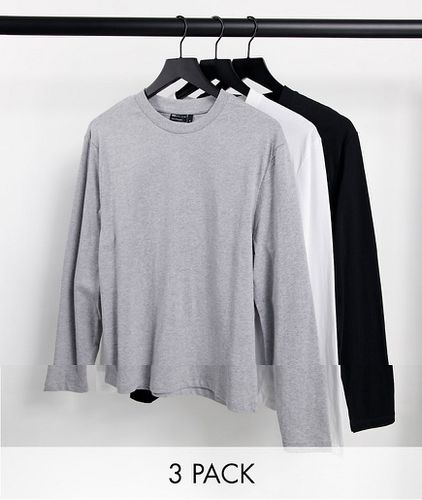 Lot de 3 t-shirts ras de cou à manches longues - Blanc, noir et gris chiné - Asos Design - Modalova