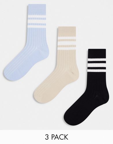 Lot de 3 paires de chaussettes côtelées avec bandes - Taupe, bleu et anthracite - Asos Design - Modalova
