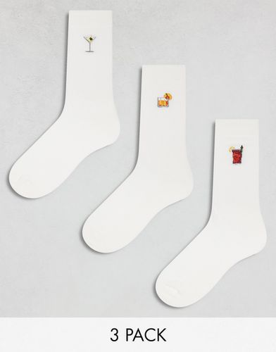 Lot de 3 paires de chaussettes avec boissons brodées - Écru - Asos Design - Modalova