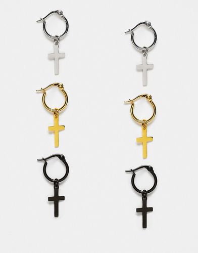Lot de 3 paires de boucles d'oreilles en acier inoxydable étanche avec motif croix - Argenté, doré et noir mat - Asos Design - Modalova