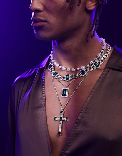 Lot de 4 chaînes avec cristaux verts croix et perles fantaisie - Asos Design - Modalova