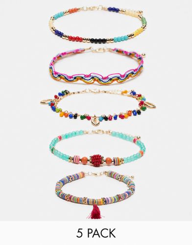 Lot de 5 bracelets de cheville avec perles , pampilles et coquillages - Doré - Asos Design - Modalova