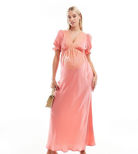 ASOS DESIGN Maternity - Robe rétro mi-longue en satin brodé - Rose et pêche - Asos Maternity - Modalova