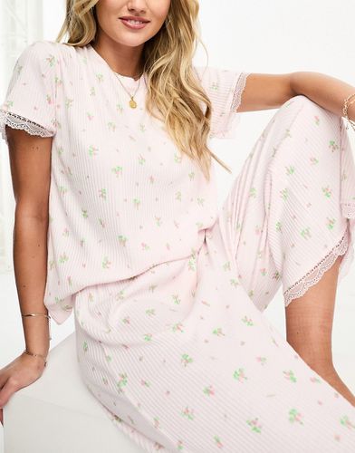 Mix & Match - T-shirt de pyjama nervuré avec dentelle à petites fleurs - Asos Design - Modalova