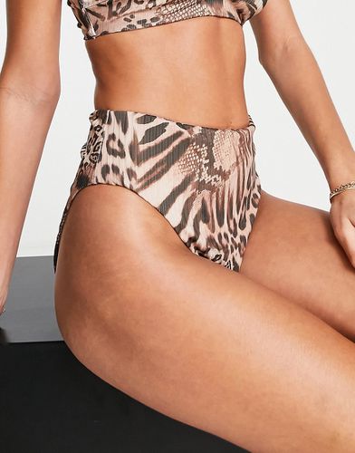 Mix and Match - Bas de bikini échancré côtelé à taille haute et imprimé léopard - Asos Design - Modalova