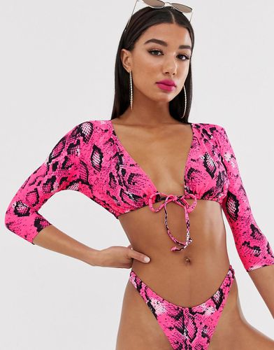 Mix and Match - Haut de bikini à manches longues avec liens à nouer sur le devant et imprimé serpent - fluo - Asos Design - Modalova