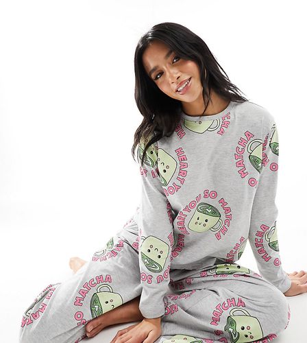 ASOS DESIGN Petite - Pyjama à imprimé matcha avec haut à manches longues et pantalon - chiné - Asos Petite - Modalova
