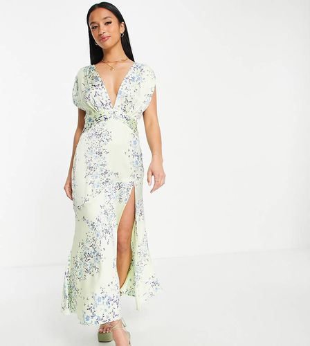 ASOS DESIGN Petite - Robe mi-longue froncée sans manches effet satiné - Fleuri vert clair - Asos Petite - Modalova