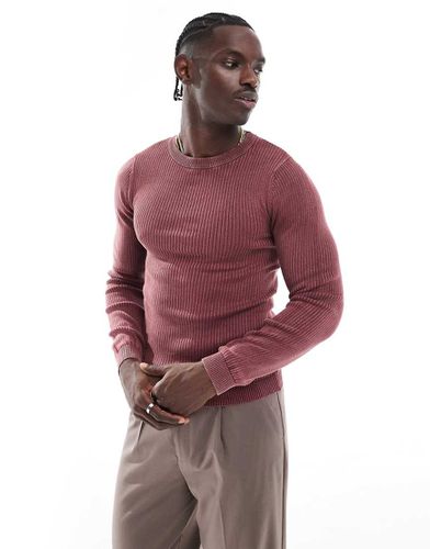 Pull moulant ras de cou en maille côtelée - Bordeaux délavé - Asos Design - Modalova