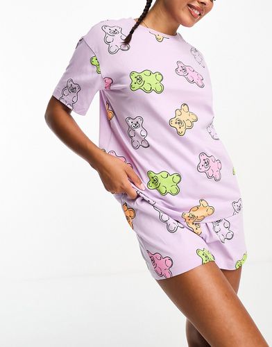 Pyjama avec t-shirt oversize et short à oursons arc-en-ciel - Lilas - Asos Design - Modalova
