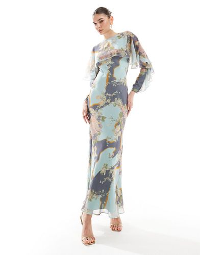 Robe volantée longue coupée en biais à manches longues avec détail cape et imprimé fleurs - Asos Design - Modalova