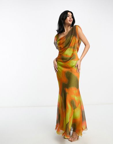 Robe asymétrique longue et drapée à imprimé abstrait flouté - Jaune - Asos Design - Modalova