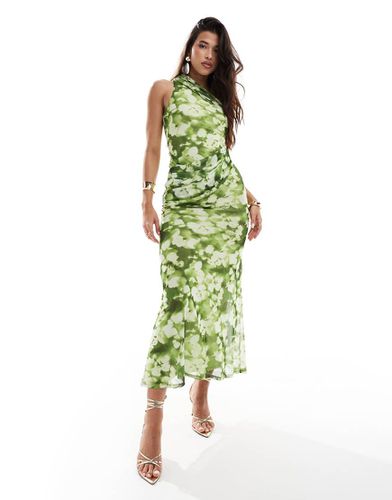 Robe asymétrique mi-longue en tulle imprimé fleuri avec détail torsadé et jupe retroussée - Vert - Asos Design - Modalova