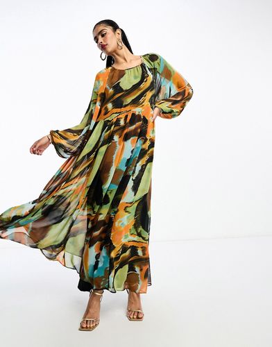 Robe babydoll longue en mousseline avec taille festonnée - Imprimé abstrait - Asos Design - Modalova