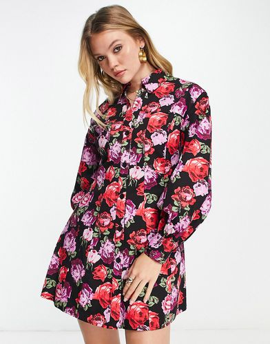 Robe chemise courte virevolante en sergé à imprimé roses - Asos Design - Modalova