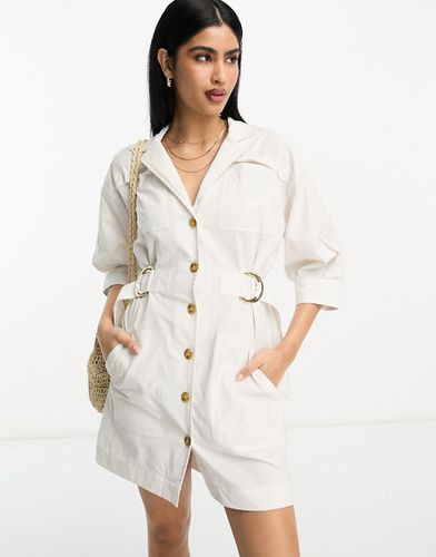 Robe chemise courte en lin avec poches, manches chauve-souris et taille cintrée - Ivoire - Asos Design - Modalova