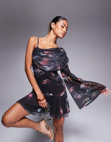 Robe courte drapée et asymétrique en tulle à manche unique drapée - Imprimé fleuri flouté - Asos Design - Modalova