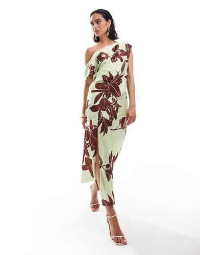 Robe drapée mi-longue à épaule dénudée en satin avec fente - Vert fleuri - Asos Design - Modalova