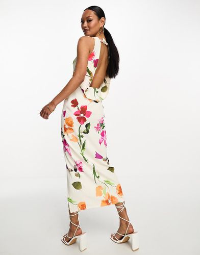 Robe habillée mi-longue à fleurs avec décolleté plongeant et dos bénitier - Ivoire - Asos Design - Modalova