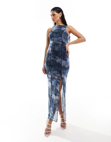Robe longue col montant à détail festonné et imprimé serpent - Bleu - Asos Design - Modalova