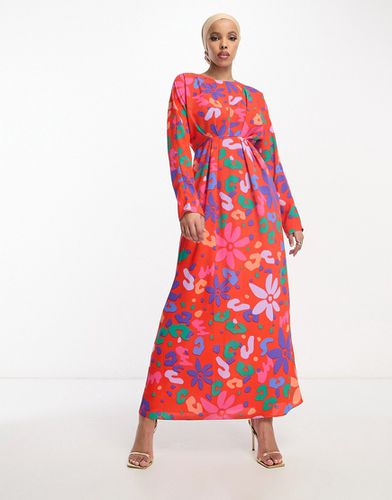 Robe longue à taille plissée et imprimé abstrait - Rouge - Asos Design - Modalova