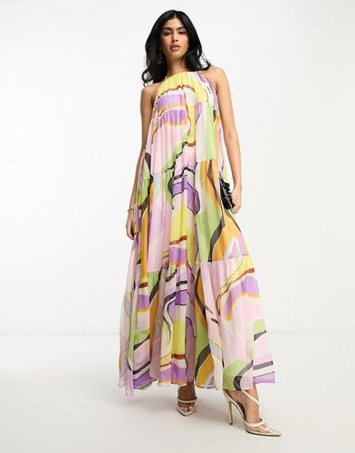 Robe longue à volants, coupe trapèze, dos nu et lien - Imprimé abstrait - Asos Design - Modalova