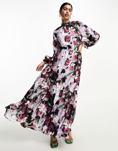 Robe longue à col montant, manches oversize à imprimé fleurs style jacquard - Asos Design - Modalova