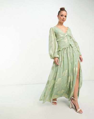 Robe longue boutonnée à plis nervurés en jacquard fleuri - Vert sauge métallisé - Asos Design - Modalova