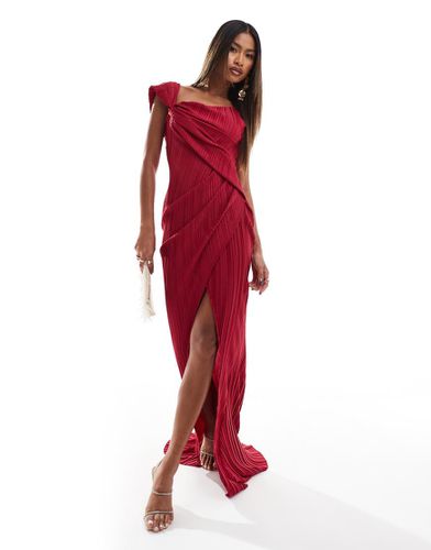 Robe longue drapée asymétrique de qualité supérieure en tissu plissé avec fente ultra haute - Framboise - Asos Design - Modalova