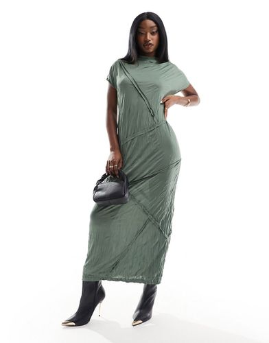 Robe longue en satin effet froissé avec surpiqûres - Kaki - Asos Design - Modalova