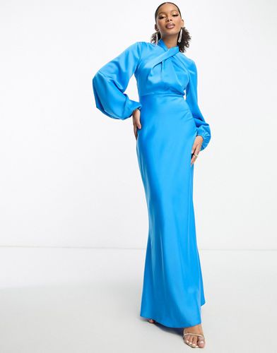 Robe longue en satin torsadée devant avec manches ballon - Turquoise - Asos Design - Modalova