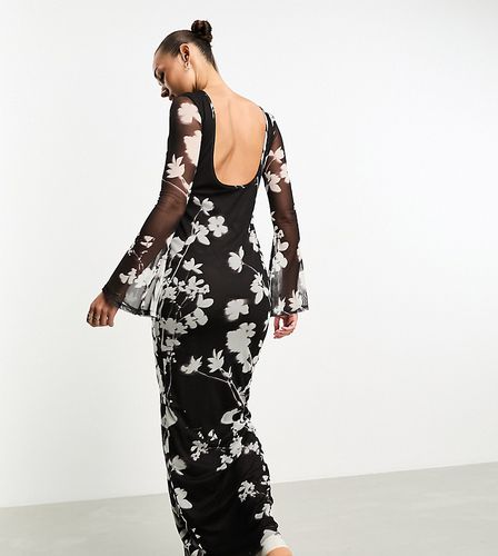 Robe longue en tulle avec dos échancré et manches ange - Marron fleuri - Asos Design - Modalova