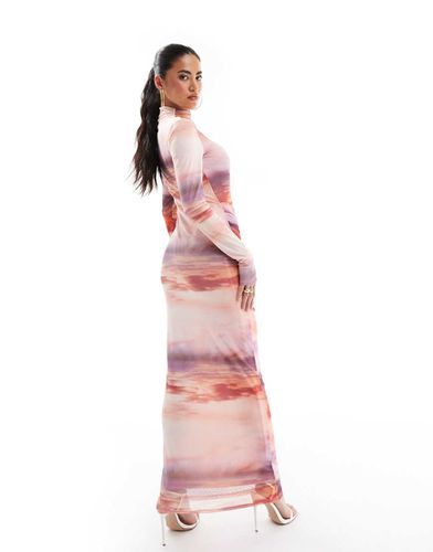 Robe longue froncée en tulle à manches longues avec imprimé aquarelle - Asos Design - Modalova