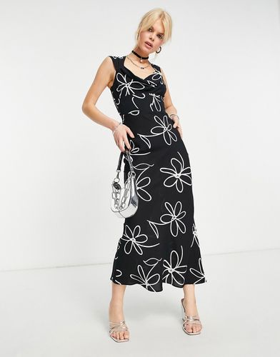 Robe longue style corset à encolure bénitier et imprimé fleurs - Noir et blanc - Asos Design - Modalova
