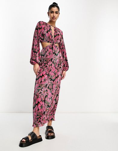 Robe longue plissée à manches volumineuses et découpes - Noir et fleurs roses - Asos Design - Modalova