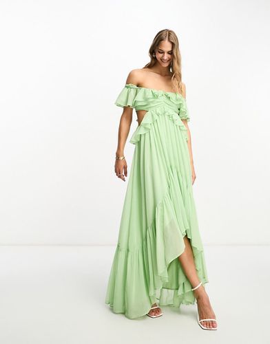 Robe longue volantée à épaules dénudées, découpes et ourlet asymétrique - sauge - Asos Design - Modalova