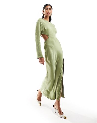 Robe longueur mollet en satin coupé en biais à manches longues et découpes - olive - Asos Design - Modalova