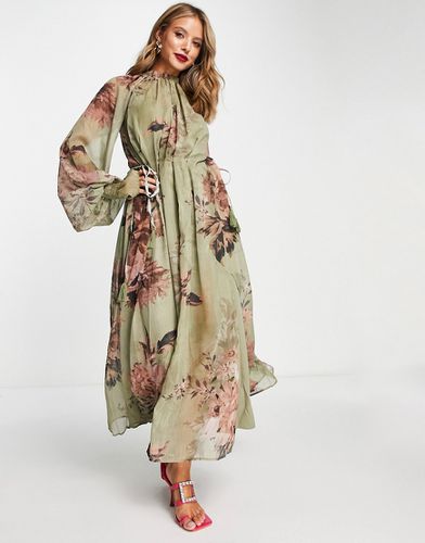 Robe mi-longue à détail froncé avec col montant et imprimé fleuri oversize - Asos Design - Modalova