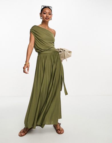 Robe mi-longue à épaules tombantes et jupe plissée - Kaki - Asos Design - Modalova
