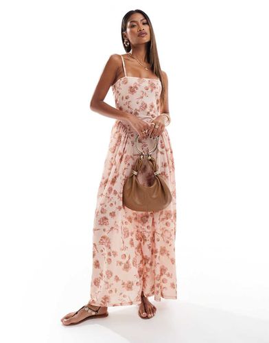 Robe mi-longue à petites fleurs avec jupe évasée à godets et encolure carrée - Rose - Asos Design - Modalova